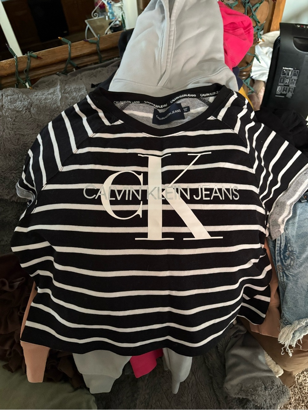 Calvin Klein Jeans Black & White Striped Crop Top with CK Logo